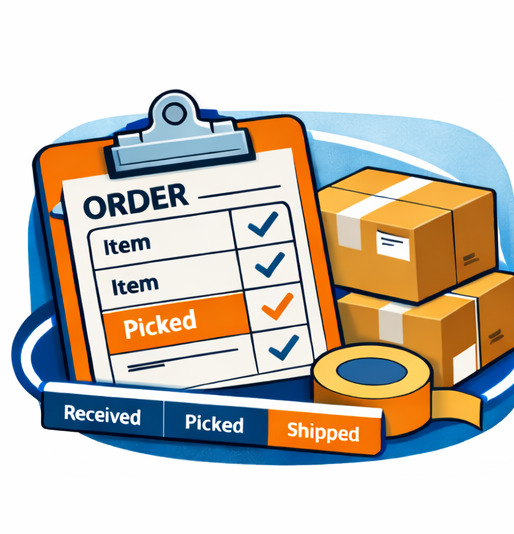 Illustration of an order clipboard with shipping boxes
